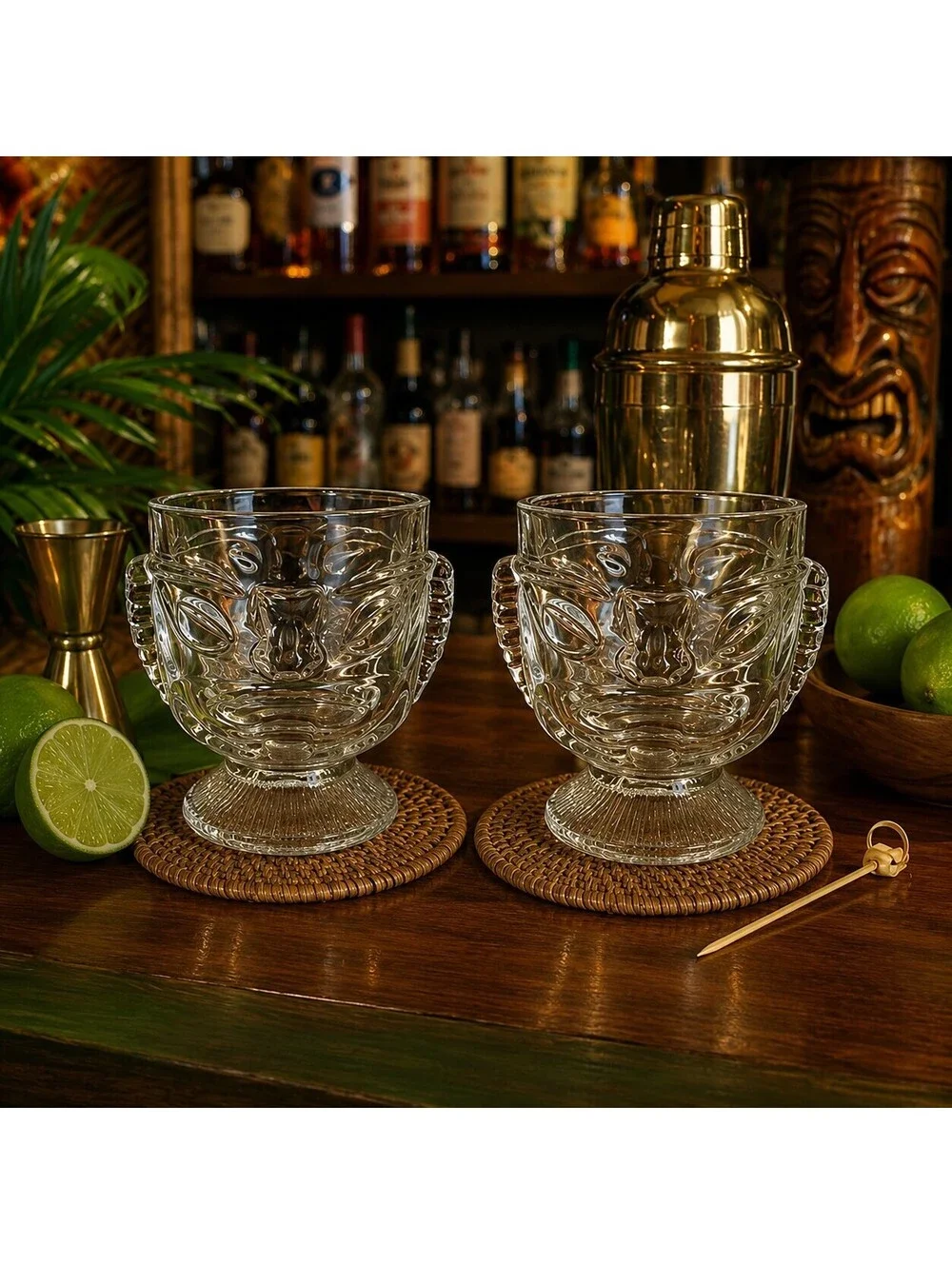 Vintage Indiana Glass Tiki Face Clear Footed Goblets Set of 2 Barware 1970s